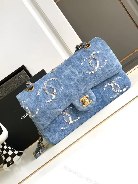 View 1 of Denim Chanel-Style Shoulder Bag: Luxe Beaded Texture Crossing Bag