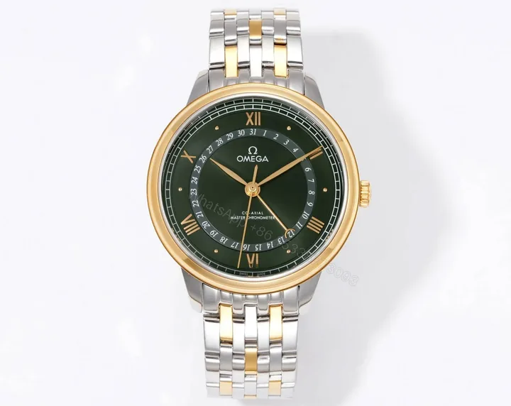 View 1 of Omega De Ville Prestige Co-Axial Master Chronometer Pointer Date 42 Stainless Steel Yellow Gold Green Sunburst Bracelet 434.20.42.22.10.001