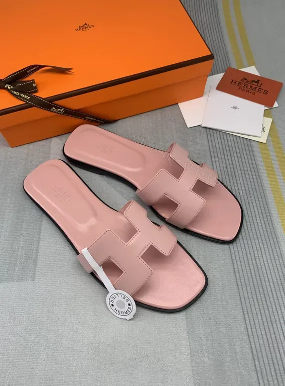 View 1 of Pastel Pink Hermes Oran Slides - Luxury Calf Leather Sandals