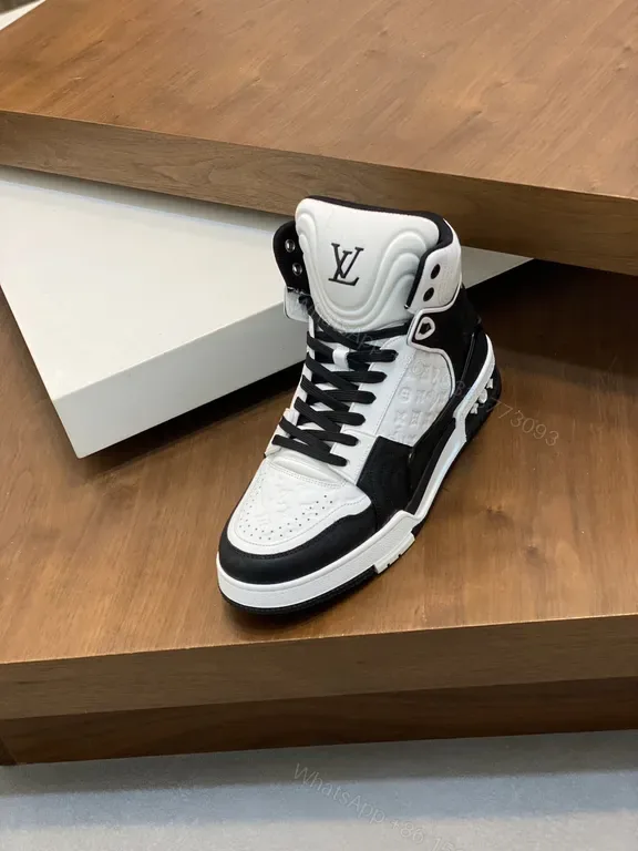 View 1 of Bold Contrast LV High-Top Sneaker: Luxury Streetwear Comfort