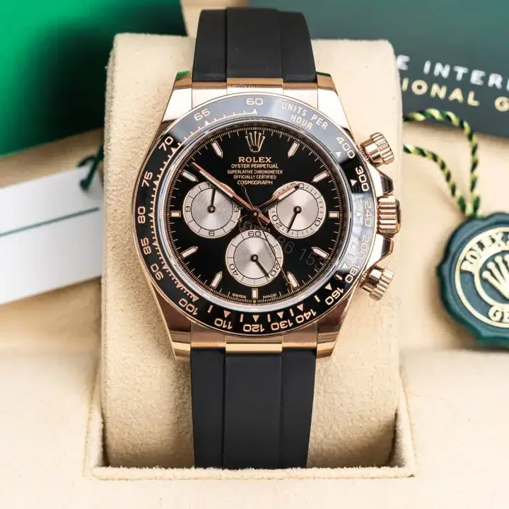 View 1 of Replica Rolex Cosmograph Daytona Rose Gold Black Dial Rubber Strap 40mm