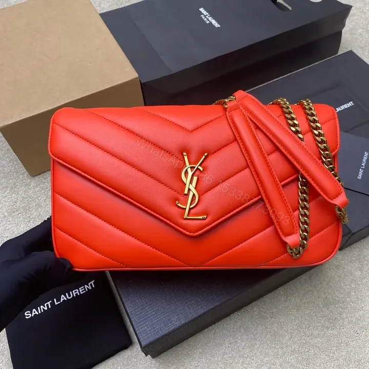 View 1 of Red Quilted Leather Crossbody with Gold YSL Logo