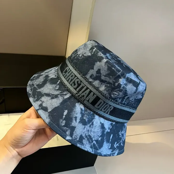 View 1 of Blue-Gray Tie-Dye Bucket Hat with Dior Band â€“ Luxe Streetwear