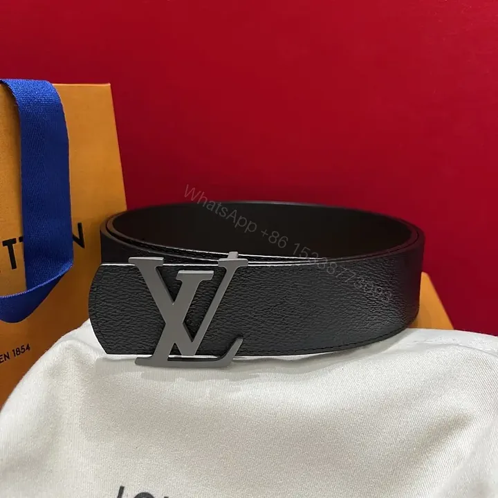 View 1 of Black Leather Belt Sleek Modern Pebbled Texture LV Buckle Belt
