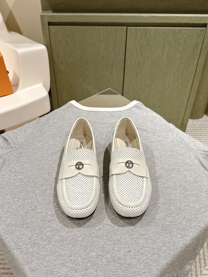View 1 of LV Women White Leather Studded Loafers