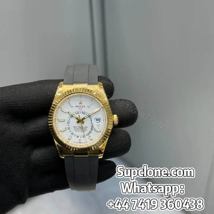View 1 of Rolex Sky-Dweller 42mm Super Clone 1:1 – Yellow Gold White Dial Oysterflex Strap