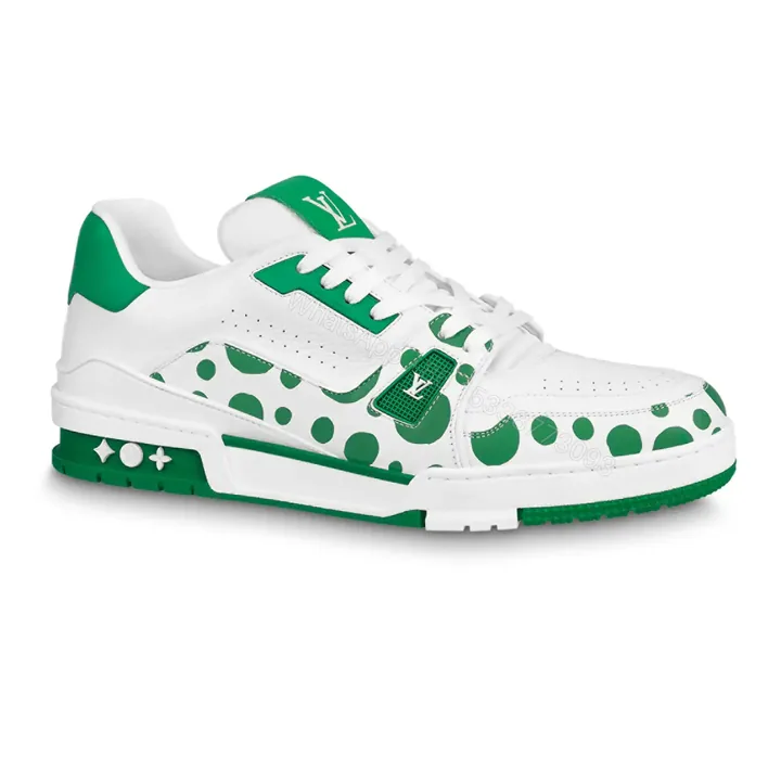 View 1 of LOUIS VUITTON X YAYOI KUSAMA TRAINER CALF LEATHER SNEAKER IN GREEN AND WHITE – LSVT374