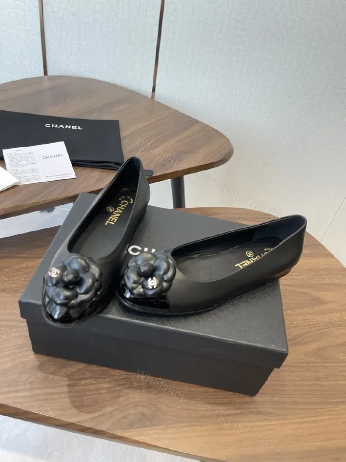 View 1 of Black Leather Ballet Flats + Signature Flower Ornament + Classic + All-Day Comfort + Flats