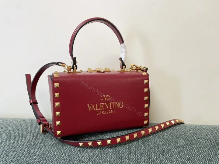 View 1 of Crimson Rockstud Box Bag: Red Calfskin, Luxury Crossbody