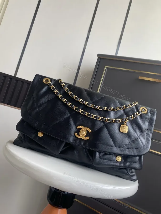 View 1 of Lux Quilted Leather Handbag in Black with Gold Hardware