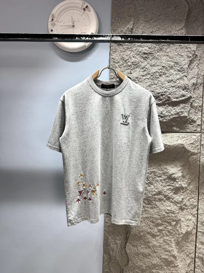 View 1 of Grey Cotton Tee with Subtle LV Embroidery, Relaxed Crewneck, Mid-Weight Comfort