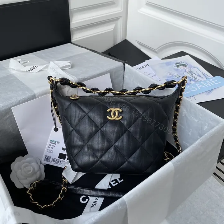 View 1 of Chanel-Inspired Quilted Black Leather Bag with Chain