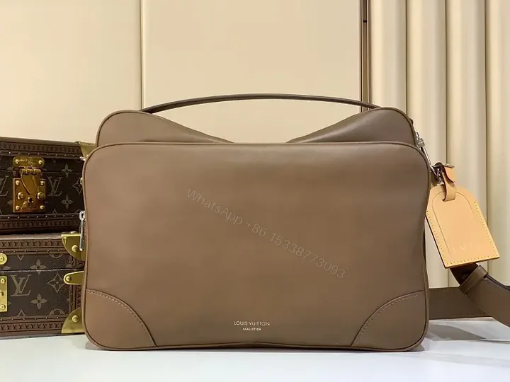 View 1 of Brown Leather Minimalist Messenger Bag with Subtle Stitching Details