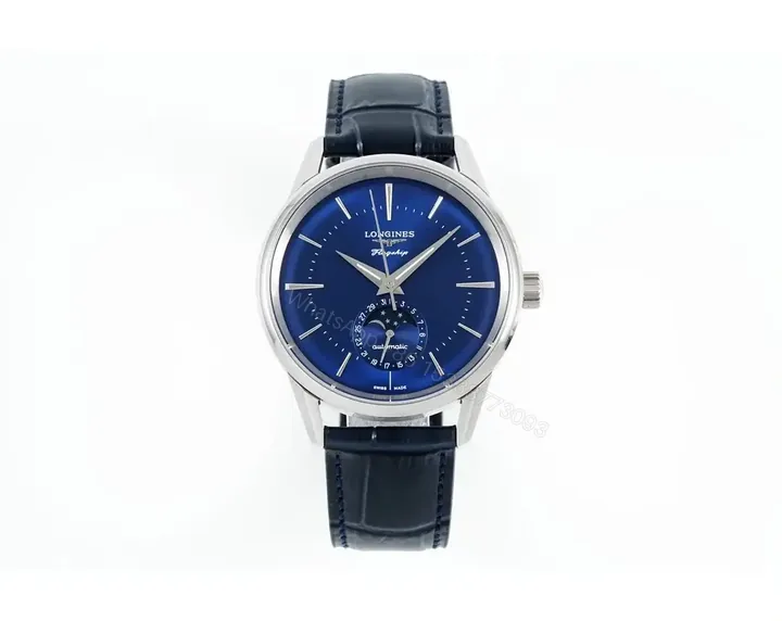 View 1 of Longines Classic Flagship Blue Dial Moon Phase Automatic Watch with Leather Strap