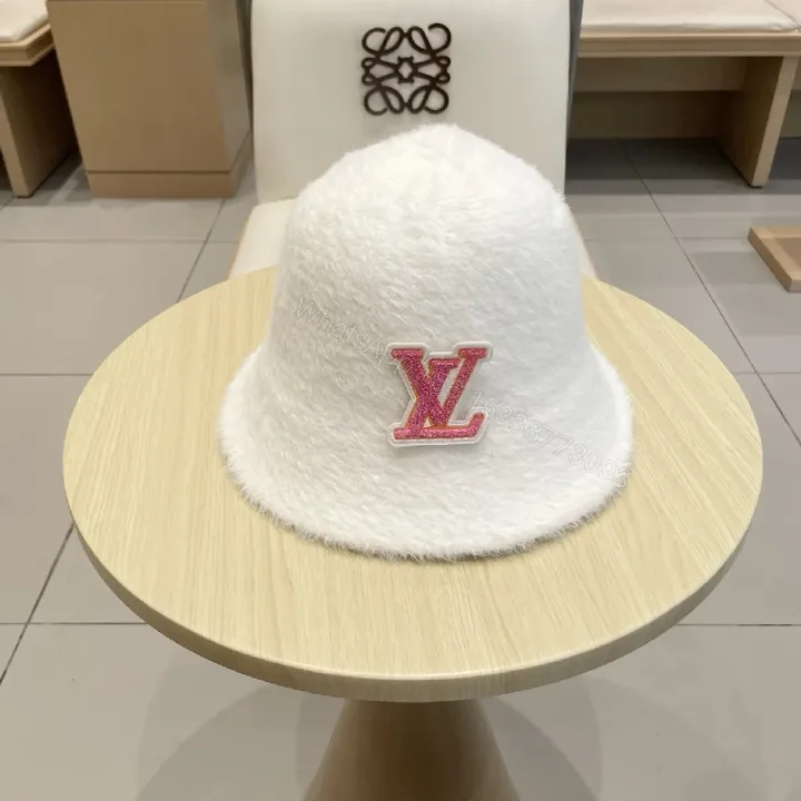 View 1 of White Fuzzy Bucket Hat - Pink Monogram Designer-Inspired Logo