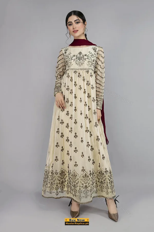 View 1 of Maria B Off White Chiffon Frock Master Replica