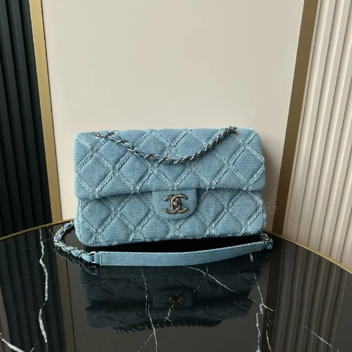 View 1 of Light-Blue Denim Flap Bag with Chain Strap, Quilted, Everyday Luxe