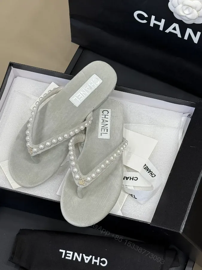 View 1 of Pearl-Embellished Light Gray Suede-Flip Sandals with Logo