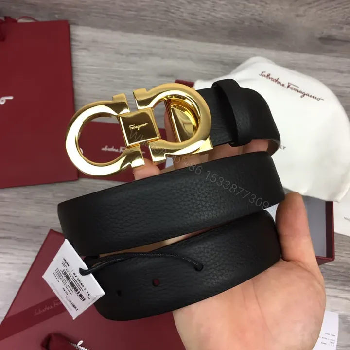 View 1 of Gold Buckle Leather Belt â€” Luxury Pebble-Grain, Ferragamo-Inspired