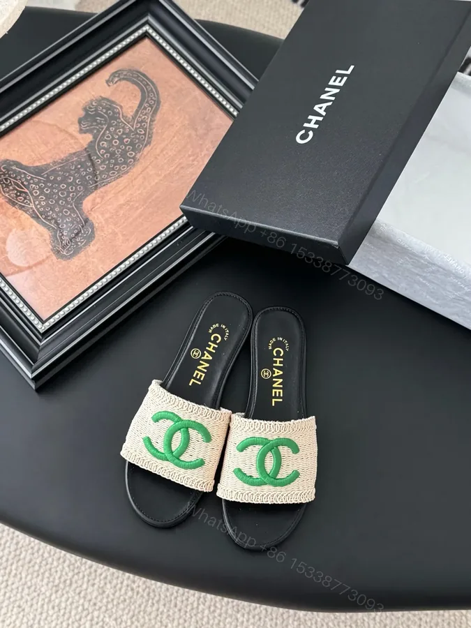 View 1 of Chanel Women Beige Fabric Green Logo Slides