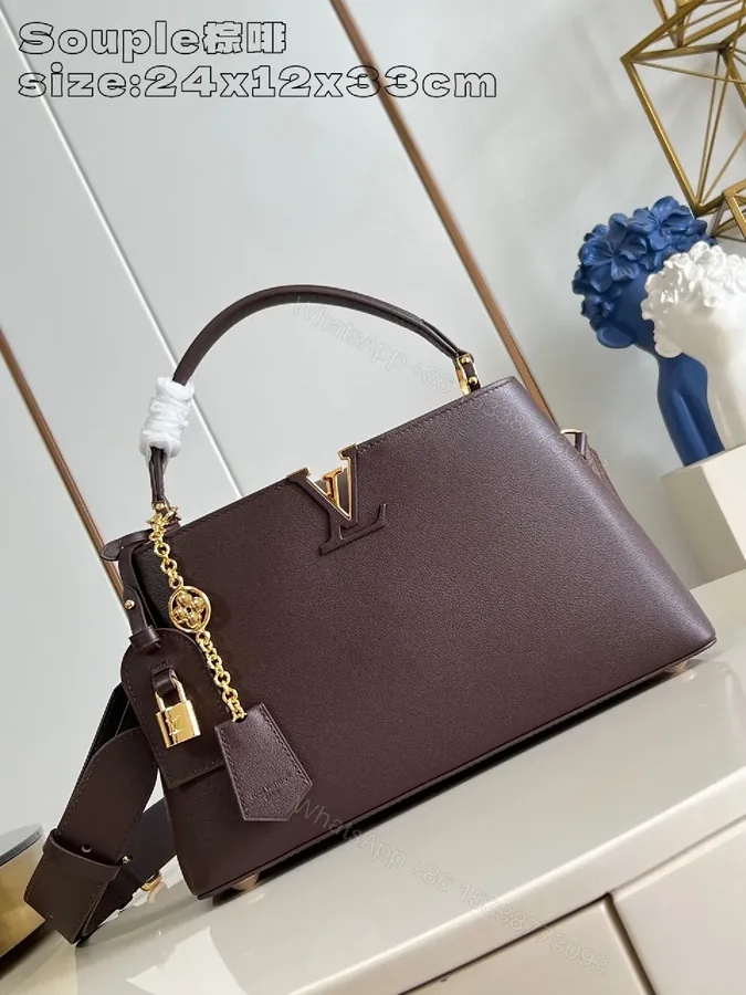 View 1 of Brown Leather Structured Handbag | Gold Hardware, Top-Handle, Crossbody Light