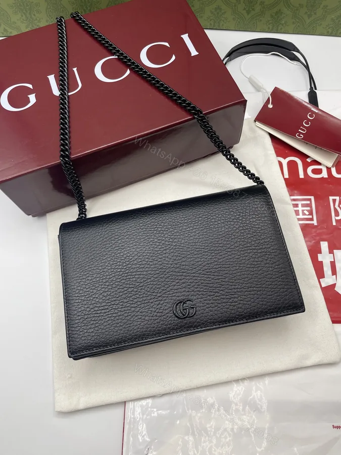 View 1 of GUCCI A貨全黑信封包 女士荔枝皮全黑鏈條設計 極簡酷感百搭款
