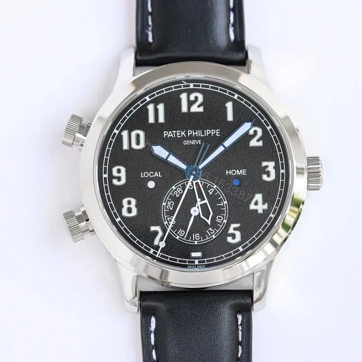 View 1 of Patek Philippe Calatrava Pilot Travel Time Watch Dual Time Zone Rose Gold Coffee/Deep Blue Dial 42mm Stainless Steel Case Blue Leather Strap