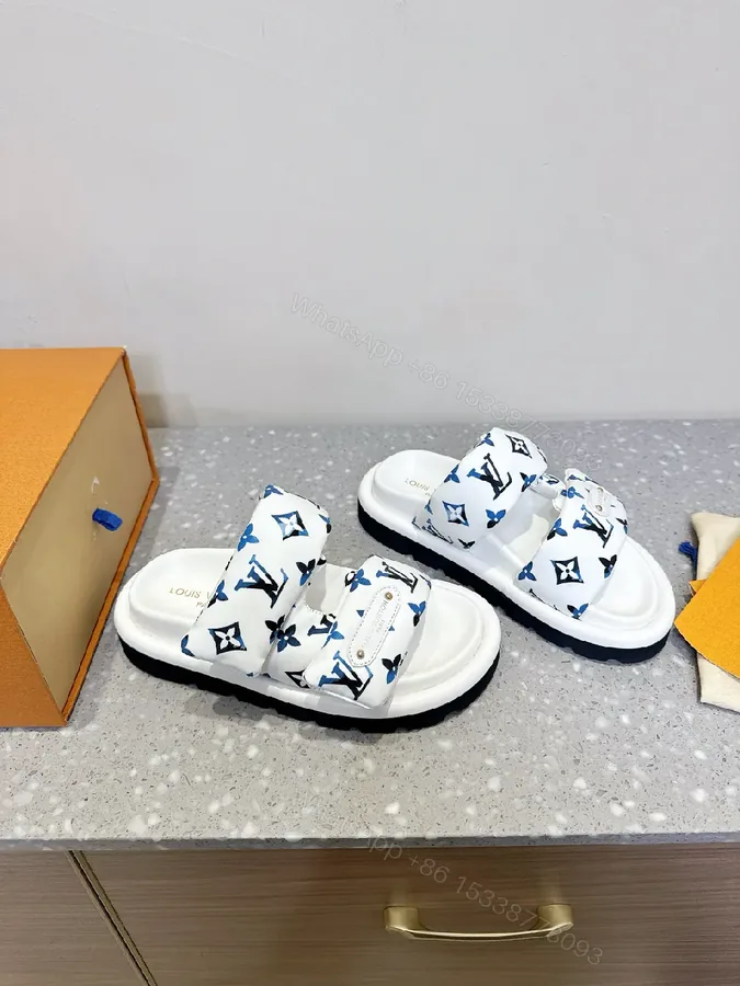 View 1 of White & Navy Designer-Inspired Slides: Bold Comfort, Monogram Style