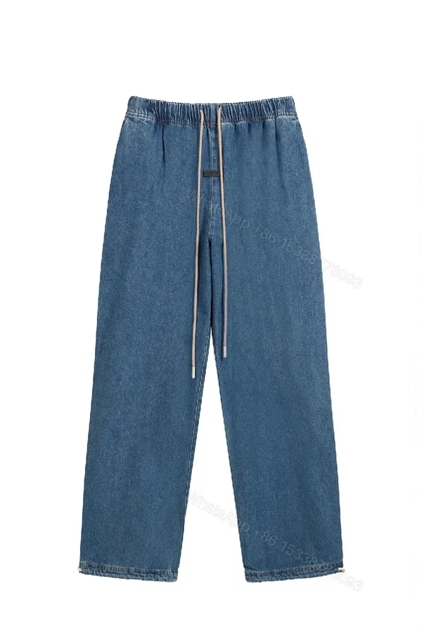 View 1 of Denim-Texture Wide-Leg Lounge Pants with Drawstring Detail