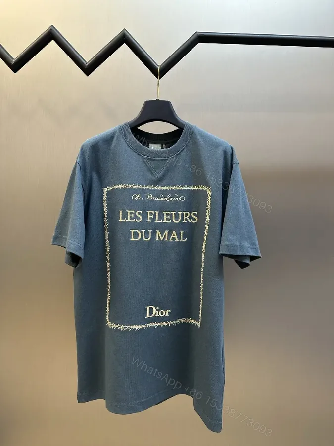 View 1 of Blue Cotton Tee: Framed Script Detail, Oversized Luxury Streetwear