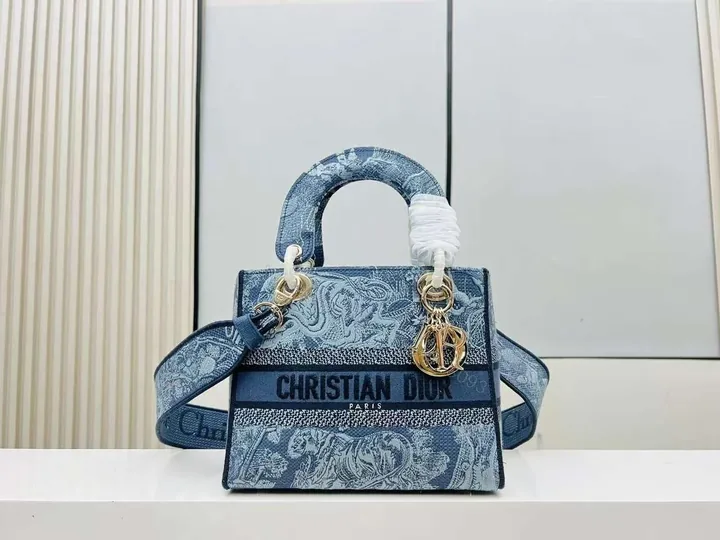 View 1 of Design MEDIUM LADY D-LITE BAG Denim Blue Toile de Jouy Embroidery – Dubai Fashion LUX
