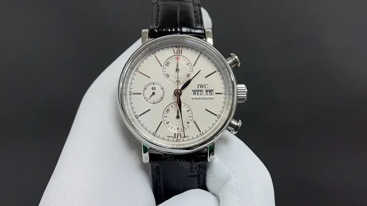 View 1 of IWC Portofino Chronograph Watch White Dial Black Leather Strap Ultimate 42MM IWC-PORT-CHR-WHT42-BLK