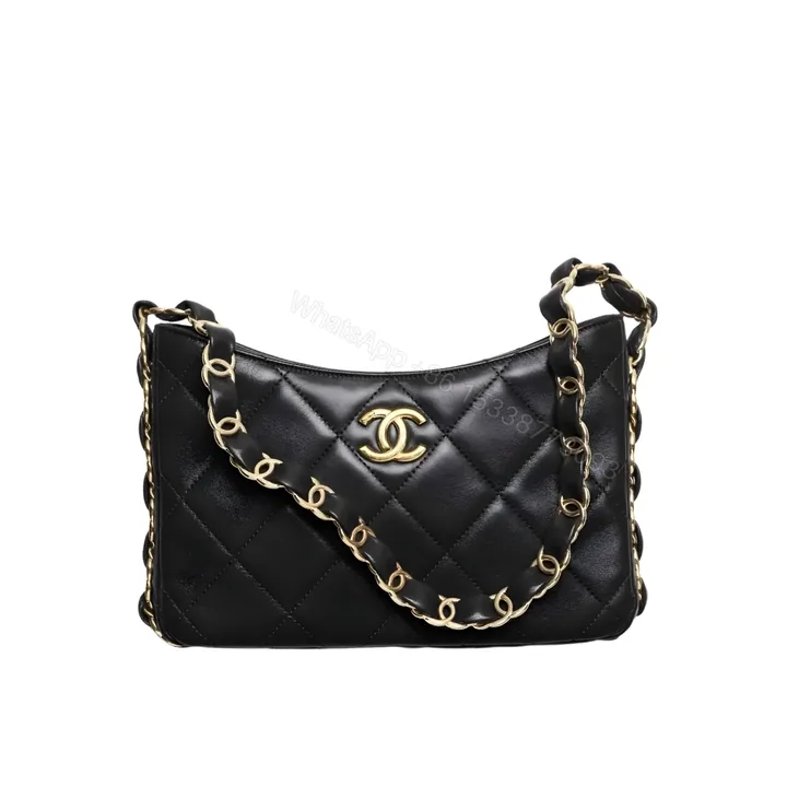 View 1 of Chanel Hobo Handbag Gold Tone Hardware Black 24Cm