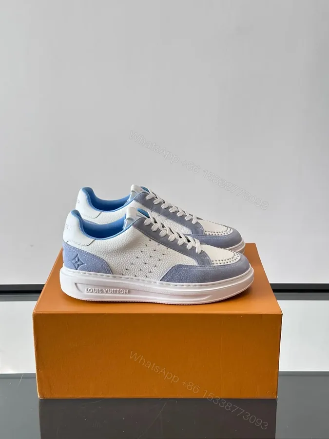View 1 of LV Men White Blue Leather Suede Sneakers