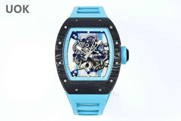 View 1 of Replica Richard Mille RM 55 Swiss Movement Super Clone Carbon Case Blue Rubber Strap