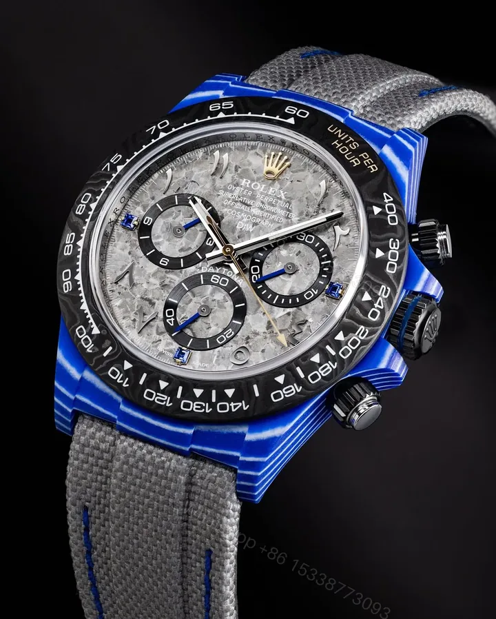 View 1 of Replica Rolex Daytona DiW Blue Carbon Grey Crystal Dial Nylon Strap 40mm