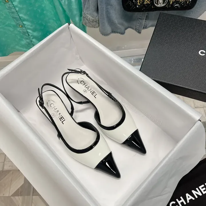 View 1 of Chanel-Inspired White & Black Slingback Heels â€“ Pointed Toe