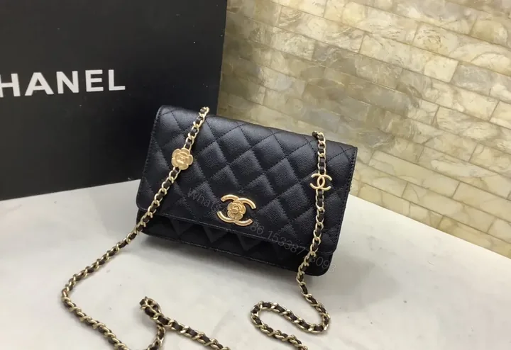 View 1 of Chic Black Quilted Shoulder Bag with Gold Chain Strap