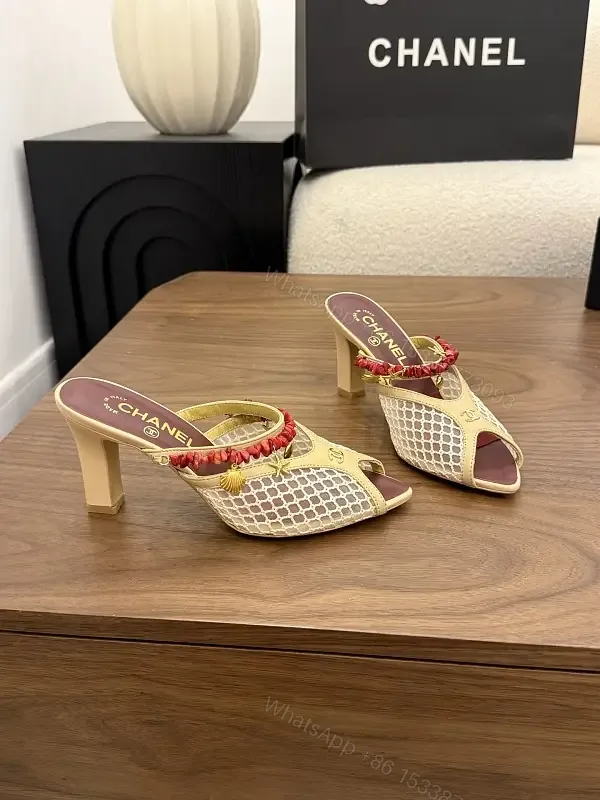 View 1 of Beige Mesh Leather Vintage Red Embellishments Chanel Heels