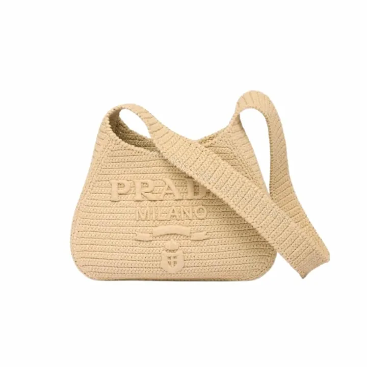 View 1 of Prada Logo Embossed Raffia Shoulder Bag Beige 33Cm 1BC186VOUO2A2T