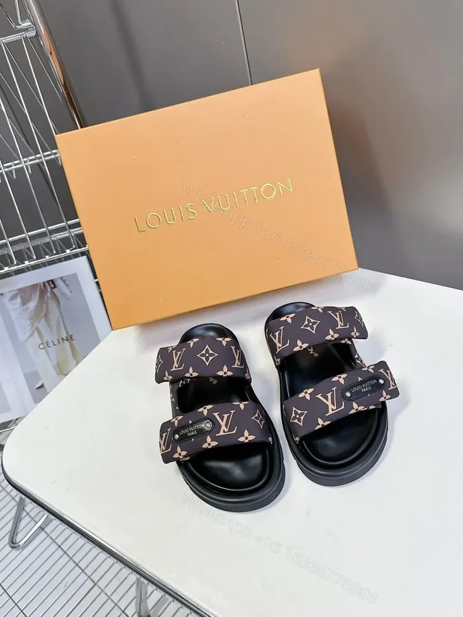 View 1 of LV Women Black Brown Patterned Fabric Sandals