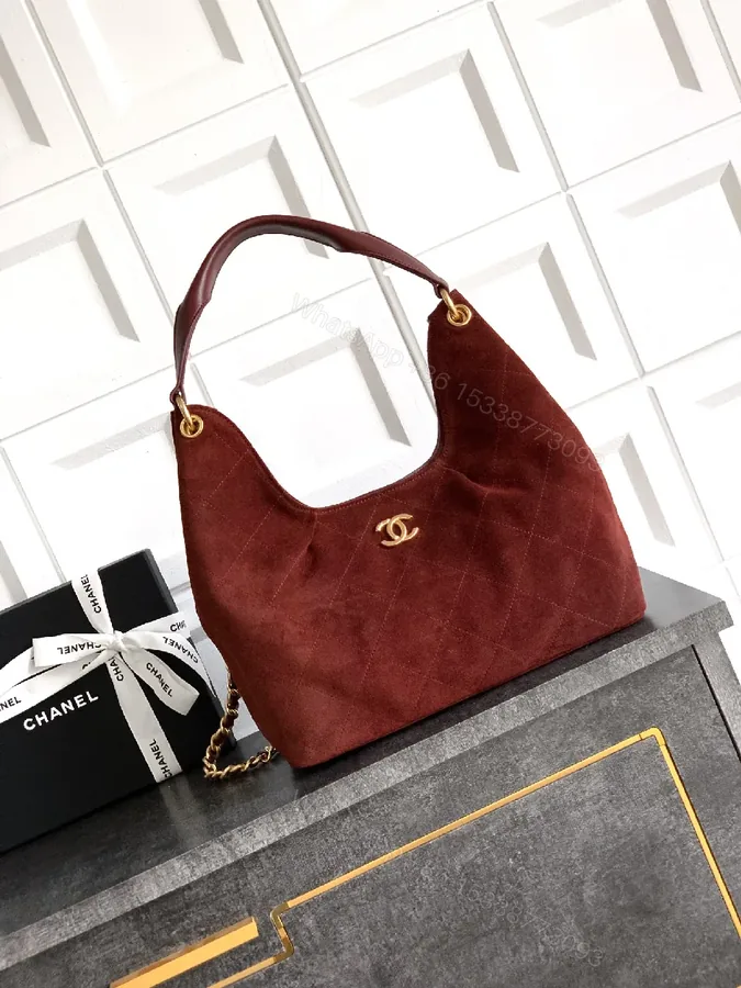 View 1 of Burgundy Suede Quilted Hobo with Gold Hardware