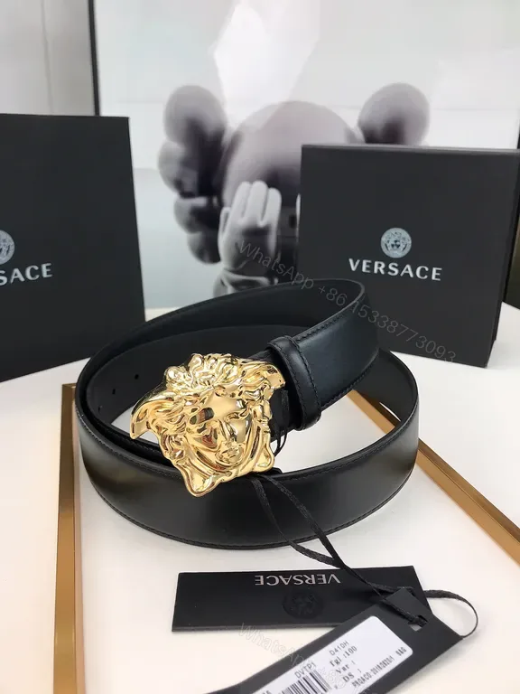 View 1 of Black Leather Belt with Gold Medusa Buckle - Lux, Versace-Inspired