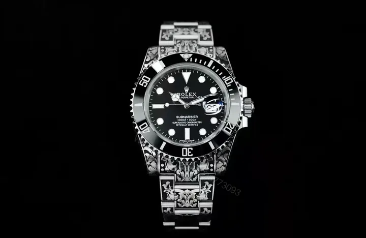 View 1 of Best Rolex Submariner Hand-Carved Black replica 40MM Engraved Steel Bracelet Edition RG-SUB-HANDCARVED-BLACK-BRACELET-40