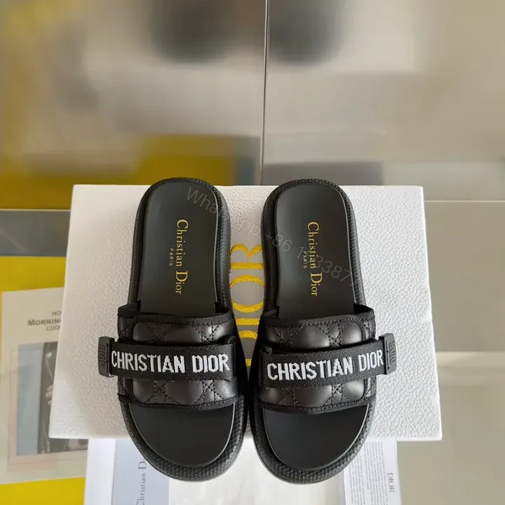 View 1 of Black Imitation Dior Slide - Quilted Straps, Comfortable Key Feature Slides