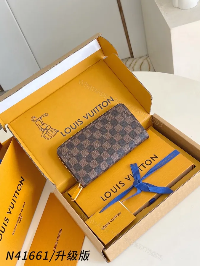 View 1 of Checkerboard Luxe Wallet — Damier Canvas, Zip Closure, Gold Accents