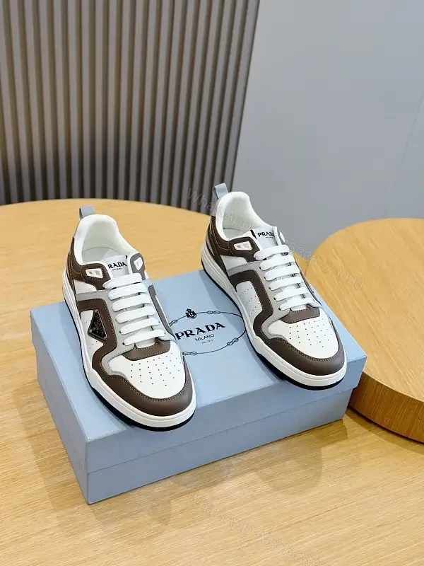 View 1 of White Brown Leather Sneaker with 3D Prada Logo, Lightweight Casual Shoes