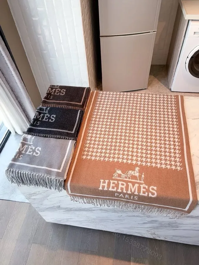 View 1 of Two-Tone Hermes-Inspired Knit Throw Blanket with Fringe