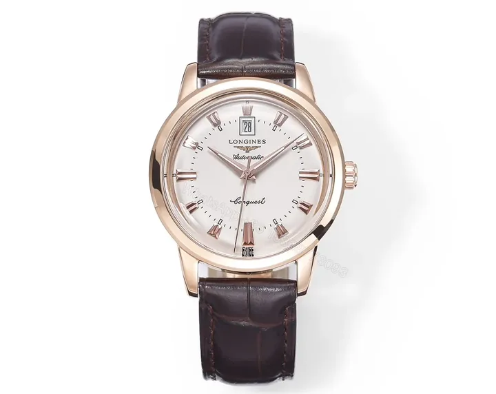 View 1 of Longines Conquest Classic Re Edition Cyclops Watch Rose Gold with Brown Leather Strap