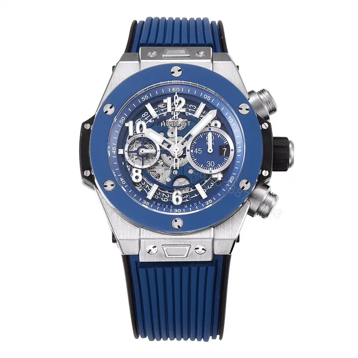 View 1 of Hublot Big Bang Blue Replica 44MM Premium Titanium Case Blue Rubber Strap Edition RG-HUBLOT-BIGBANG-BLUE-44